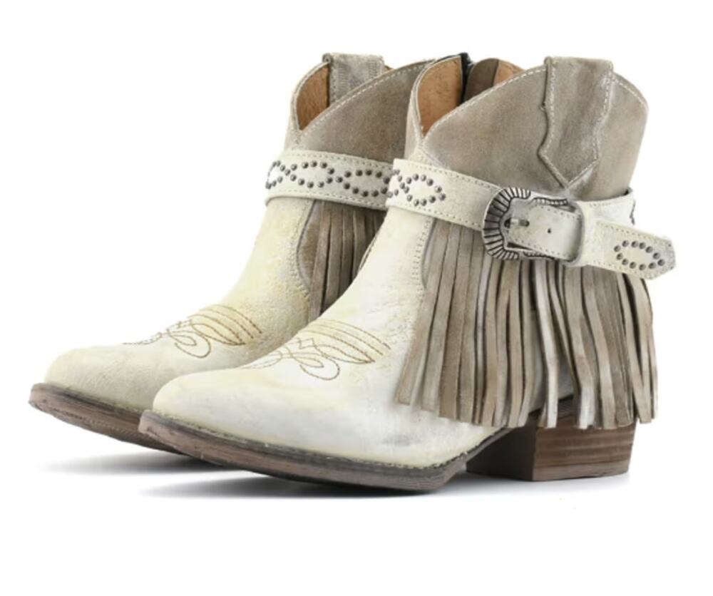 Sterling River NEW Distressed White/Beige Leather Fringe Western Ankle Boots 12M